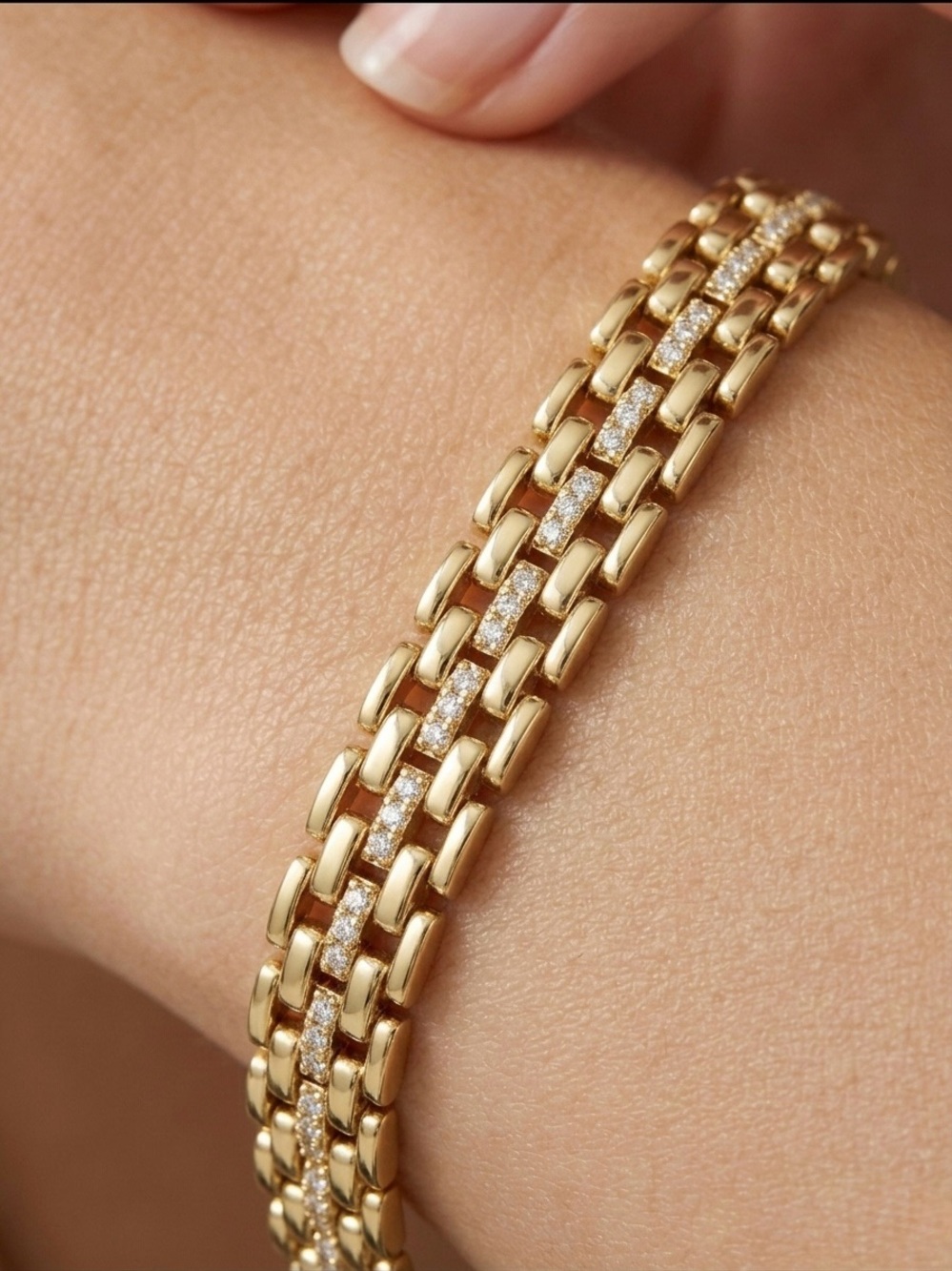 14K Gold Plated Watch Band Style Link Bracelet with CZ Accents | Luxury Jewelry